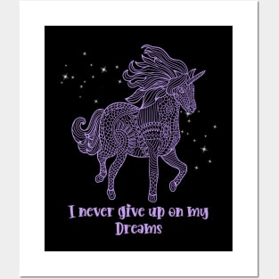 I Never Give Up On My Dreams Beautiful Purple Geometrical Unicorn With Sparkle Posters and Art